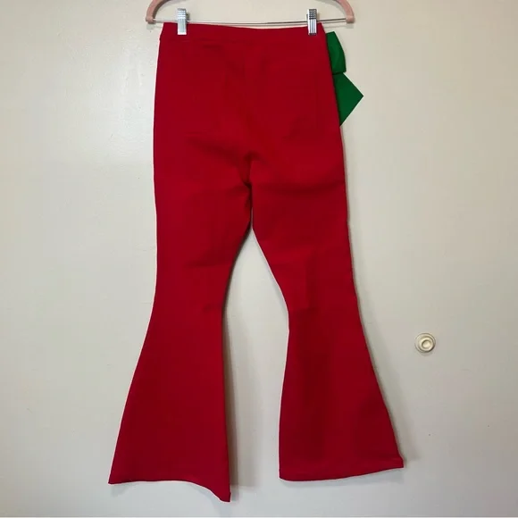 Judith March Red Flare Pants with Green Side Bow. Medium. NWOT - Picture 7 of 9